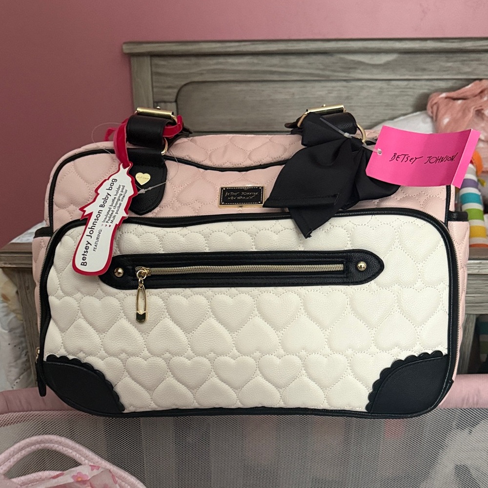 Betsey Johnson Pink, Cream & Black Quilted Heart Baby Bag with Bow